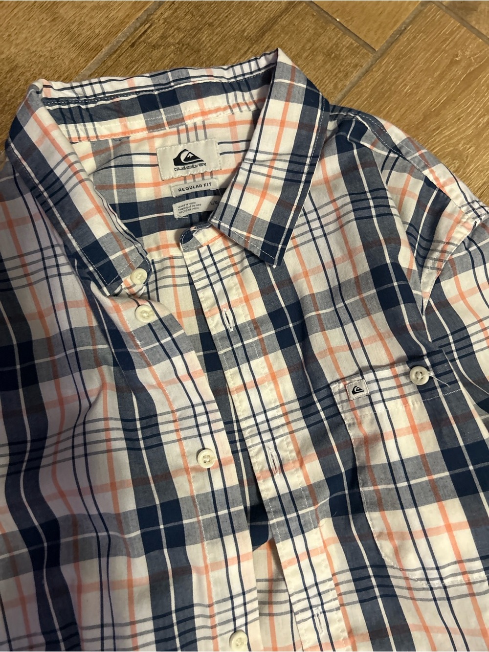 Quiksilver Men’s Navy & White & Orange Plaid Button-Down Shirt